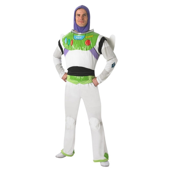 Full view of the adult Buzz Lightyear costume including printed pants, top with vinyl chest panel, fibre-filled neckline, detachable wings, and open-face purple snood for a complete Toy Story look.