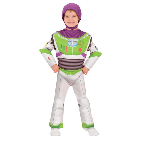 Child wearing an officially licensed Buzz Lightyear deluxe costume from Disney Pixar Toy Story.