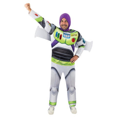 Buzz Lightyear Deluxe Toy Story costume for adults with muscle chest jumpsuit and jet pack wings