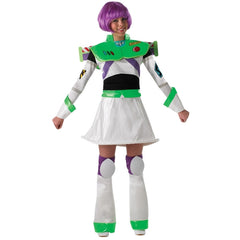 Buzz Lightyear ladies Toy Story costume with tutu dress, jet pack wings and purple wig