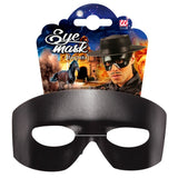 Packaging for black superhero style eye mask for costumes and parties