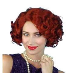Cabaret auburn wig with 1920s flapper side part and pin curls, perfect for Gatsby and vintage costumes.
