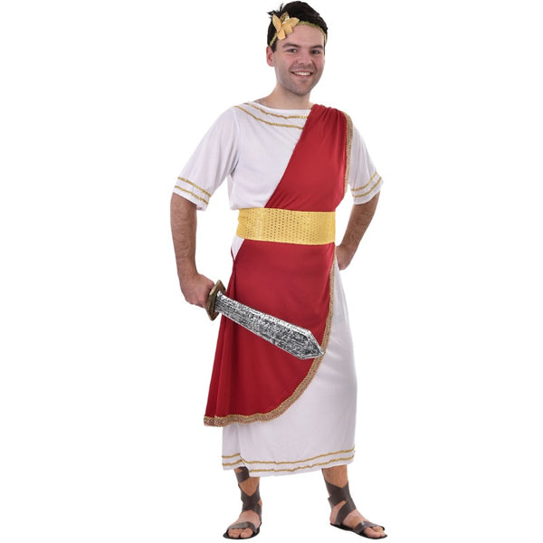 Caesar Adult Costume - Dr Toms, white mid calf robe with gold trim, attached red sash, gold waistband and leaf headpiece.