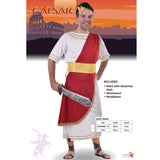 Caesar Adult Costume - Dr Toms, white mid calf robe with gold trim, attached red sash, gold waistband and leaf headpiece.