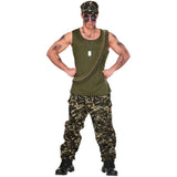 Men's Camo Soldier Costume with khaki tank top, camouflage pants and cap – front view