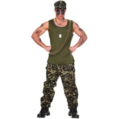 Men's Camo Soldier Costume with khaki tank top, camouflage pants and cap – front view