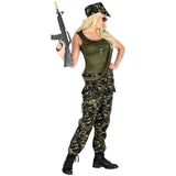 Women's Camo Soldier Costume with camouflage pants and cap – side view