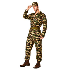 Men's camouflage military costume with jumpsuit, belt, cap and dog tags