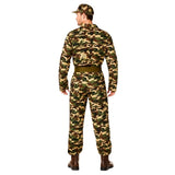 Rear view of camouflage military costume showing full jumpsuit and matching cap
