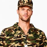 Close-up of camouflage army costume showing military print fabric, cap and dog tags