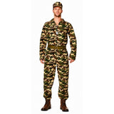 Men's camouflage military costume with jumpsuit, belt, cap and dog tags