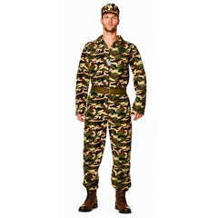 Men's camouflage military costume with jumpsuit, belt, cap and dog tags