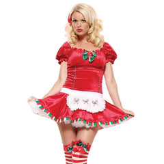 Candy Cane Cutie - Hire, low waisted dress with full skirt, puffy sleeves and mini apron.