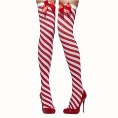 Candy Cane Hold Ups in red and white with red bows.