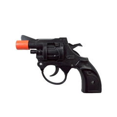 Cap Gun 12.5cm black plastic toy gun with 8-shot ring cap firing action, perfect for kids’ imaginative play, role-play, and dress-up costumes.