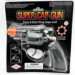 Cap Gun 12.5cm black plastic toy gun with 8-shot ring cap firing action, perfect for kids’ imaginative play, role-play, and dress-up costumes.