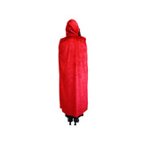 Back angle of red velvet cape with hood