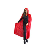 Long red velvet cape with hood, ties at neckline