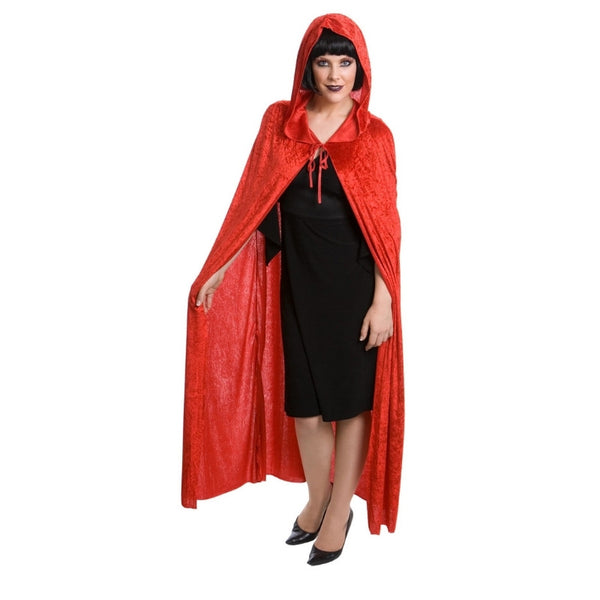 Full-length red velvet hooded cape with tie closure – perfect for Red Riding Hood, fairy tale, or fantasy costumes.