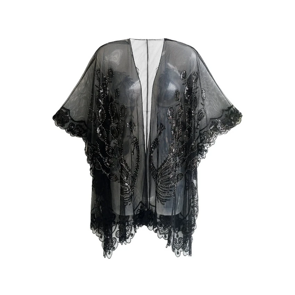 1920s Sequined Peacock Shawl - Black - Hire