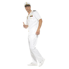 Captain Adult Costume with short sleeve shirt, trousers, and hat featuring gold trim and epaulets