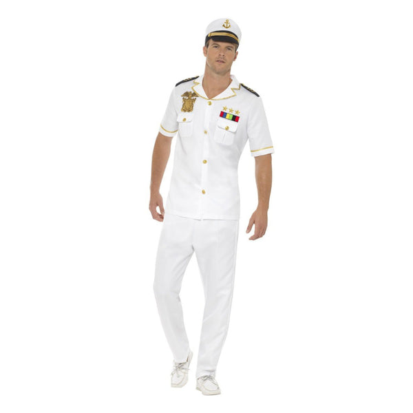 Captain Adult Costume with short sleeve shirt, trousers, and hat featuring gold trim and epaulets
