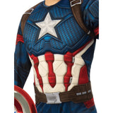 A close-up of a Captain America costume top showing the detailed chest design with a large white star on a blue textured background, red and white paneling, and brown harness straps.