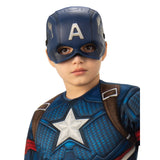 A child wearing a Captain America costume, featuring a blue helmet with a white 'A' logo, a matching eye mask, and a textured blue and silver suit with brown shoulder straps, shown against a plain white background.