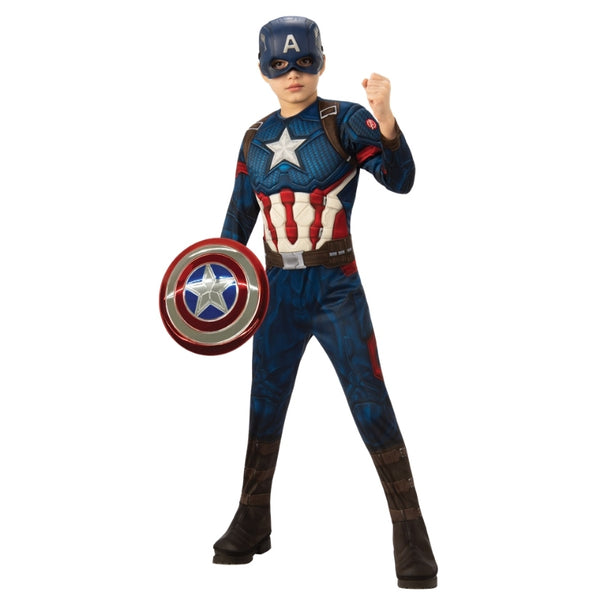Child wearing an officially licensed Captain America Premium costume with shield and mask