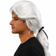 White Captain Cook wig with side curls and ponytail for historical costumes