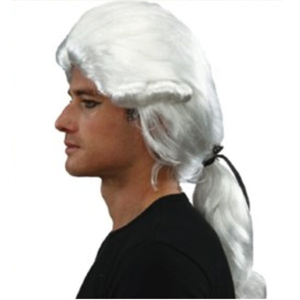 White Captain Cook wig with ponytail and side curls – historical costume accessory