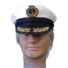 Satin captain hat with black visor and gold embroidery for adult nautical costumes