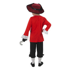 Captain Hook Child Costume, red long sleeve jacket with ruffle shirt inlay and cuffs, black pantaloons and felt hat and hook.