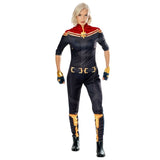 Captain Marvel deluxe adult costume with star emblem, belt, and gauntlets – MCU cosplay front
