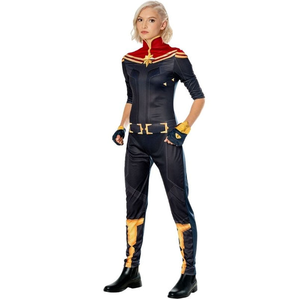 Captain Marvel deluxe adult costume with star emblem, belt, and gauntlets – MCU cosplay