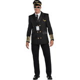 Captain Wingman Pilot Men's Costume, dark double breasted jacket with gold trim an cuffs, wings on chest and hat.