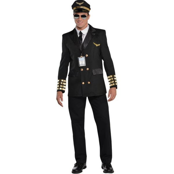 Captain Wingman Pilot Men's Costume, dark double breasted jacket with gold trim an cuffs, wings on chest and hat.