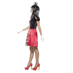 Carded Queen of Hearts Ladies Costume, short dress with heart print insert in bodice and skirt, puffy sleeves, high check print collar, fold out black crown and white gloves.
