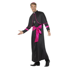 Adult Cardinal Costume with black cassock robe, purple detailing, clerical collar, pink zucchetto hat, and cross – perfect for religious-themed events.
