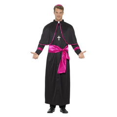 Adult Cardinal Costume with black cassock robe, purple detailing, clerical collar, pink zucchetto hat, and cross – perfect for religious-themed events.