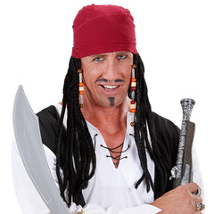 Black pirate wig with dreadlocks and red bandana for Caribbean and buccaneer costumes