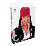 Adult pirate costume wig with long black dreadlocks, beads and attached red bandana