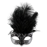 Carmela feather mask, black base with highlights of silver and black feathers.
