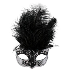 Carmela feather masquerade mask in white with silver detail and black with silver detail by Dr Toms