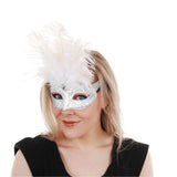 Carmela feather mask, white base with glitter and silver detail with white feathers, ties with ribbons.