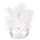 Carmela feather masquerade mask in white with silver detail and black with silver detail by Dr Toms