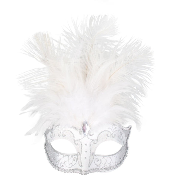 Carmela feather masquerade mask in white with silver detail and black with silver detail by Dr Toms