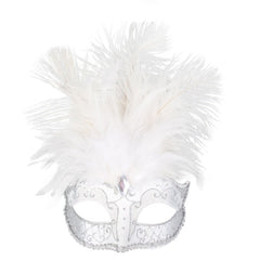 Carmela feather masquerade mask in white with silver detail and black with silver detail by Dr Toms