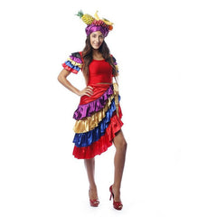 Carmen Miranda costume with wrap skirt, midriff top, and fruit headdress for hire in Brisbane