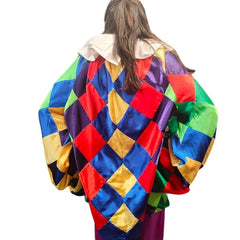 Carnival clown costume with multicoloured satin tunic and pants for hire in Brisbane